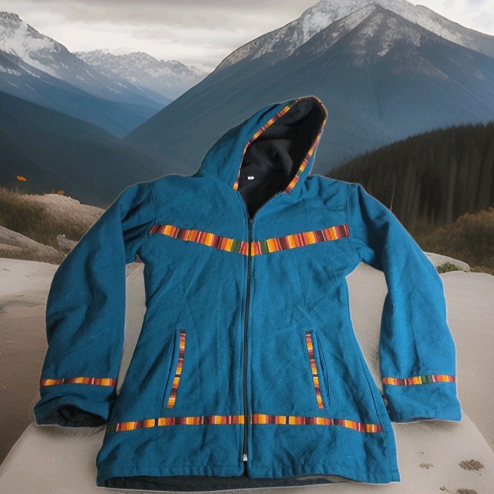 Women's L Teal Unbranded Aztec Southwest Print Full Zip Jacket Coat Pockets Hood